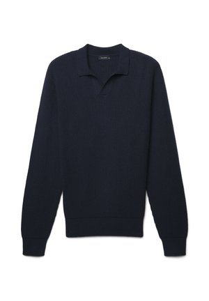 Dunkelblauer gerippter Pullover mit langen Ärmeln und Kragen. Weiche Textur mit taillierter Passform und gerippten Bündchen sowie Saum.