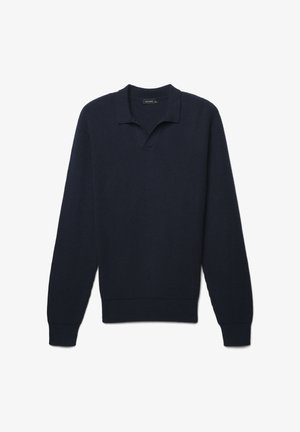 Dunkelblauer gerippter Pullover mit langen Ärmeln und Kragen. Weiche Textur mit taillierter Passform und gerippten Bündchen sowie Saum.