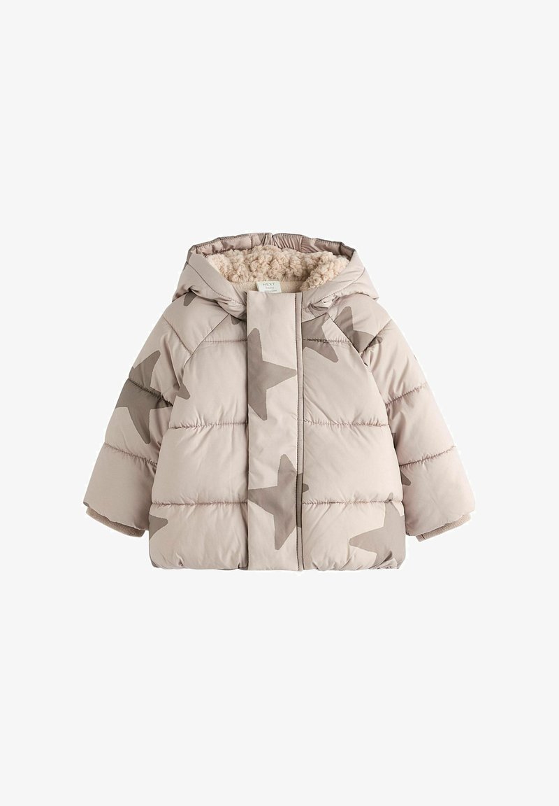Giacca imbottita beige con un interno morbido e soffice. Presenta grandi motivi a stella color taupe e un cappuccio. Maniche corte e larghe con polsini elasticizzati.