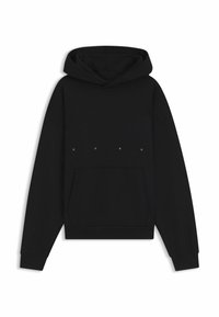 Black hooded sweatshirt with a front pocket, featuring the word "HUGO" in white lettering across the chest. Soft, plain fabric, relaxed fit.