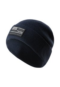 Navy blue knit beanie with a folded edge and a rectangular black patch label displaying "CAMP DAVID" and text details.