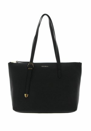 Bolso tote de cuero negro con doble asa de hombro, detalle de hebilla dorada y cierre de cremallera, con la marca "Coccinelle" en el centro frontal.