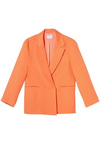 Oranžový dvouřadý blejzr s špičatými klopami, dlouhými rukávy a dvěma předními kapsami. Hladká tkanina s elegantním, strukturovaným designem.