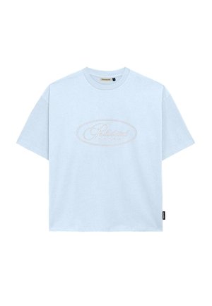 Light blue cotton t-shirt with short sleeves, crew neck, and an embroidered "Prohibited" logo in light pink. Features a side label.