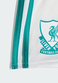 Biała tkanina z turkusowymi pionowymi paskami oraz częścią turkusowego herb Liverpool Football Club po prawej stronie.