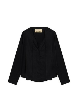 Sort langærmet bluse med åbne front-plisserede paneler, let cropped kant og Trussardi-mærke ved halsudskæringen.