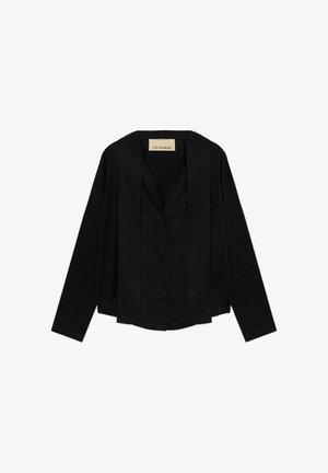 Blusa negra de manga larga con paneles plisados en la parte delantera abierta, dobladillo ligeramente corto y etiqueta de Trussardi en el cuello.