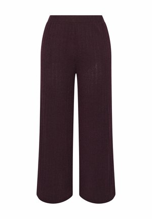 Pantaloni a gamba larga in maglia a costine di colore viola scuro con vita alta e orlo alla caviglia su sfondo bianco.