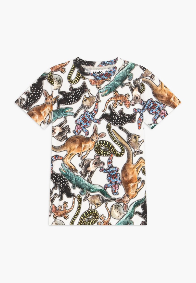 T-shirt blanc enfant avec des animaux australiens colorés, dont des kangourous, koalas, crocodiles, serpents, chauves-souris et lézards imprimés partout.