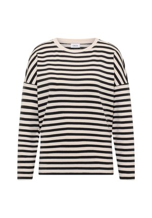 Langærmet top med striber i creme og sort. Har en rund halsudskæring og blødt stof med vandrette striber i forskellige bredder.