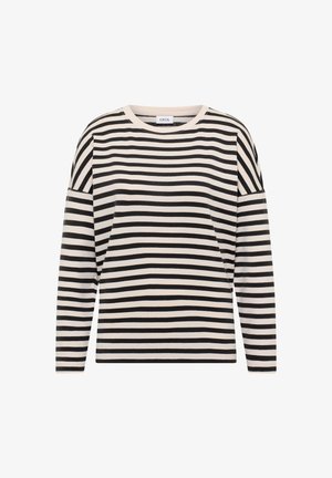 Langærmet top med striber i creme og sort. Har en rund halsudskæring og blødt stof med vandrette striber i forskellige bredder.