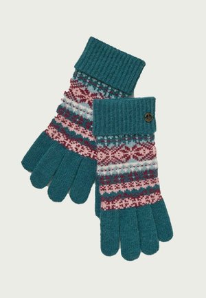 Par de guantes de punto color verde azulado con bandas estampadas en rosa, blanco y burdeos, puños acanalados y un pequeño logo en un puño.