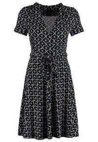 Svart kortärmad klänning med V-ringning, blommig geometrisk mönster i blått och vitt, knytning i midjan, utställd kjoldesign.