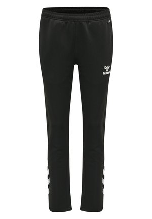 Black athletic pants with an elastic waistband, featuring a white logo and three white stripes along the outer leg. Smooth fabric texture.