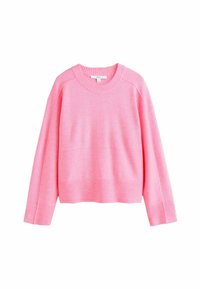 Roze gebreide trui met een ronde hals, geribbelde manchetten en zoom. Beschikt over verlaagde schoudernaden en een gladde textuur overal.