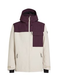 Lys beige jakke med en mørk lilla overdel og stor brystlomme. Har hætte, lynlås lukning og kontrasterende mørke manchetter.