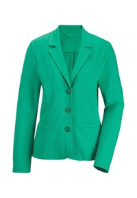 Grüner Blazer aus glattem Stoff, mit Reverskragen, drei Knöpfen, zwei vorderen Taschen und langen Ärmeln.