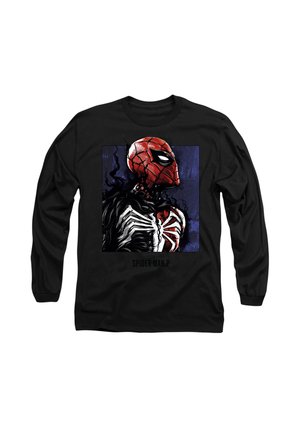 Long-sleeve black shirt featuring a graphic print of a red and black Spider-Man character with a webbing design and dark background.