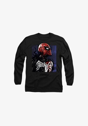 Long-sleeve black shirt featuring a graphic print of a red and black Spider-Man character with a webbing design and dark background.