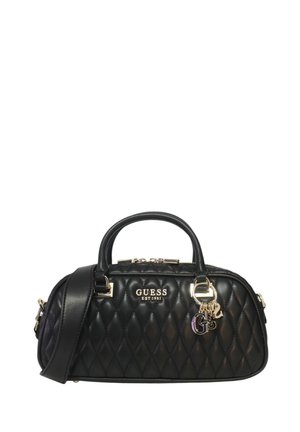 Borsa a tracolla nera trapuntata con forma arrotondata, doppi manici superiori, tracolla removibile e accessori in tonalità dorata con dettagli di branding.