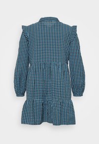 Vestido xadrez azul e preto com mangas bufantes longas, bainha com babados e colarinho abotoado, feito de tecido leve.