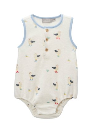 Barboteuse blanche sans manches pour bébé avec bord bleu, boutons en bois et imprimés d'oiseaux multicolores, adaptée aux bébés de six mois.