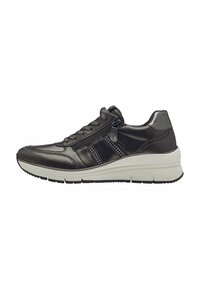 Black leather sneaker with a sleek design, textured accents, decorative studs, a side zip, and a cushioned white sole.