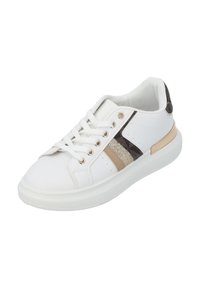 Witte sneaker met een gestructureerde gouden en donkerg bruine streep, vetersluiting, gouden oogjes en een dikke witte zool. Zachte stofvoering.
