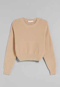 Pull court beige à manches longues avec col rond, poignets et ourlet côtelés, présenté sur un fond gris uni.