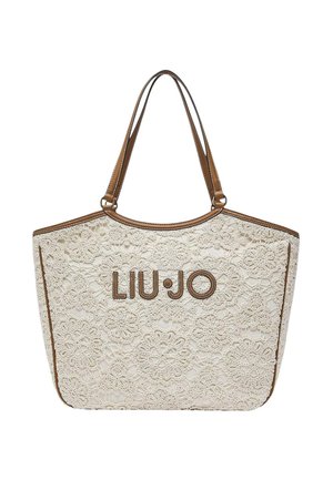Sac fourre-tout blanc à motif en dentelle avec garniture et poignées en cuir marron, arborant le logo "LIU·JO" centré à l'avant.