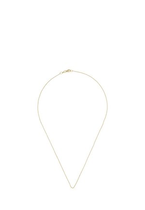 Delicata sottile collana a catena d'oro con una piccola chiusura, esposta su sfondo bianco.