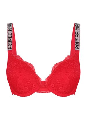 Czerwony stanik koronkowy z formowanymi miseczkami i kwiatowymi wzorami. Posiada szerokie ramiączka z detalami w postaci cyrkoni i zapięcie na haftkę z tyłu.