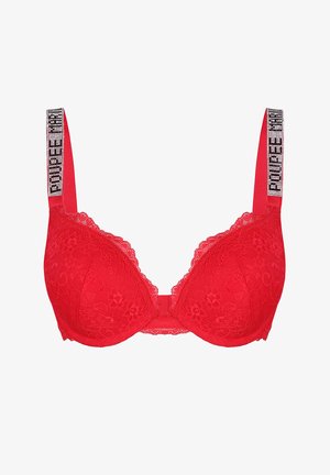 Czerwony stanik koronkowy z formowanymi miseczkami i kwiatowymi wzorami. Posiada szerokie ramiączka z detalami w postaci cyrkoni i zapięcie na haftkę z tyłu.