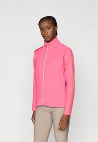 Pink zip-up jacket with high collar, soft fabric, and contrasting stripes along the sleeves. Pairs with light beige pants.