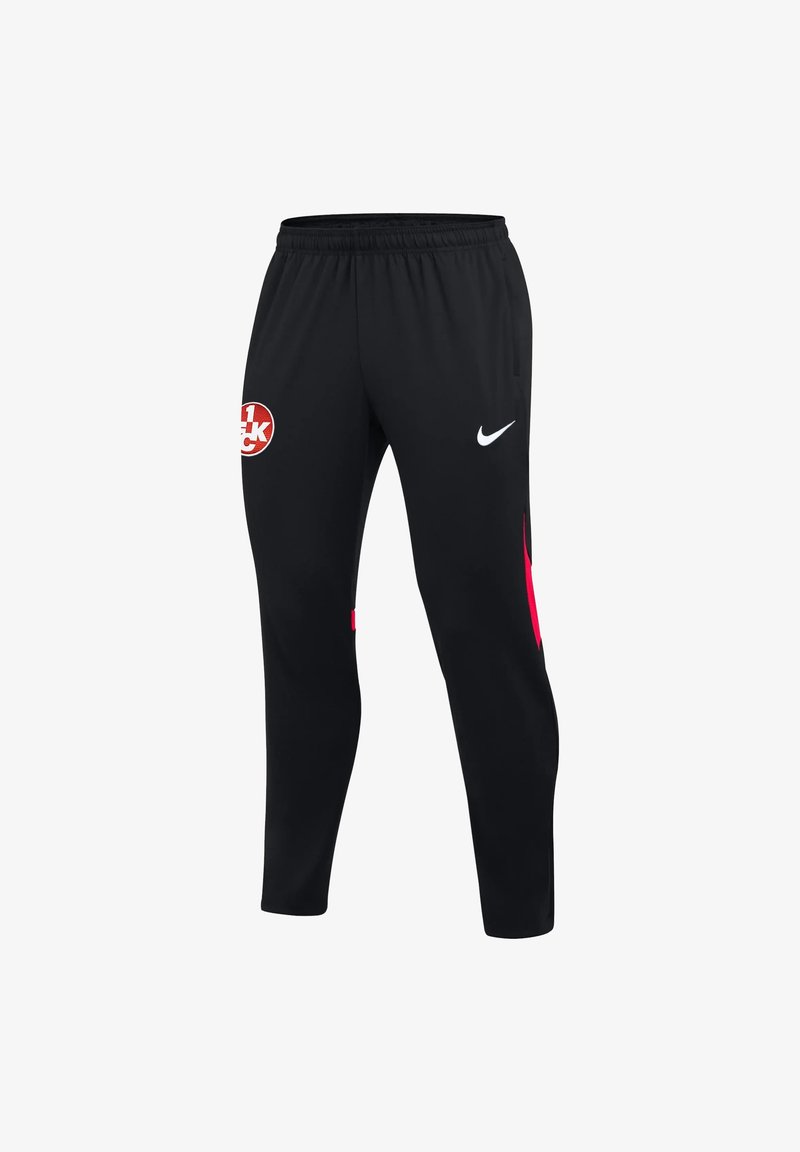 Pantalon de sport noir avec taille élastique, logo Nike sur la cuisse droite, emblème circulaire rouge et blanc sur la cuisse gauche et accents rouges sur les côtés.