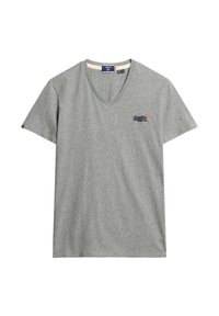 Gråt v-hals t-shirt lavet af blødt bomuldsstof. Korte ærmer med et lille logo på venstre bryst. Casual design og behagelig pasform.