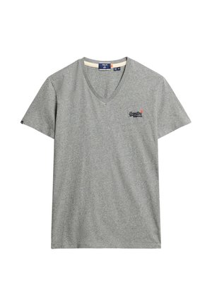 Grau v-ausschnitt T-Shirt aus weichem Baumwollstoff. Kurze Ärmel mit kleinem Logo auf der linken Brust. Lässiges Design und bequeme Passform.
