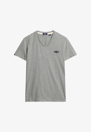 Szary t-shirt z dekoltem w serek wykonany z miękkiej bawełny. Krótkie rękawy z małym logo na lewej piersi. Luźny fason i wygodne dopasowanie.