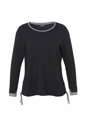 Navy long-sleeve top featuring a round neckline with a striped trim, drawstring accents at the hem, and striped cuffs. Soft fabric texture.