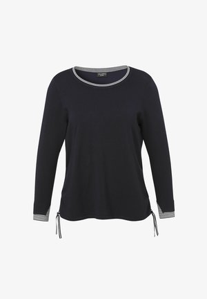 Navy long-sleeve top featuring a round neckline with a striped trim, drawstring accents at the hem, and striped cuffs. Soft fabric texture.