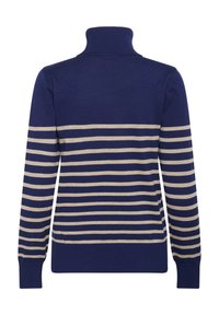 Marineblauer Pullover mit hohem Kragen und cremefarbenen horizontalen Streifen. Gerippte Bündchen und Saum, glatte Textur und figurbetontes Design.