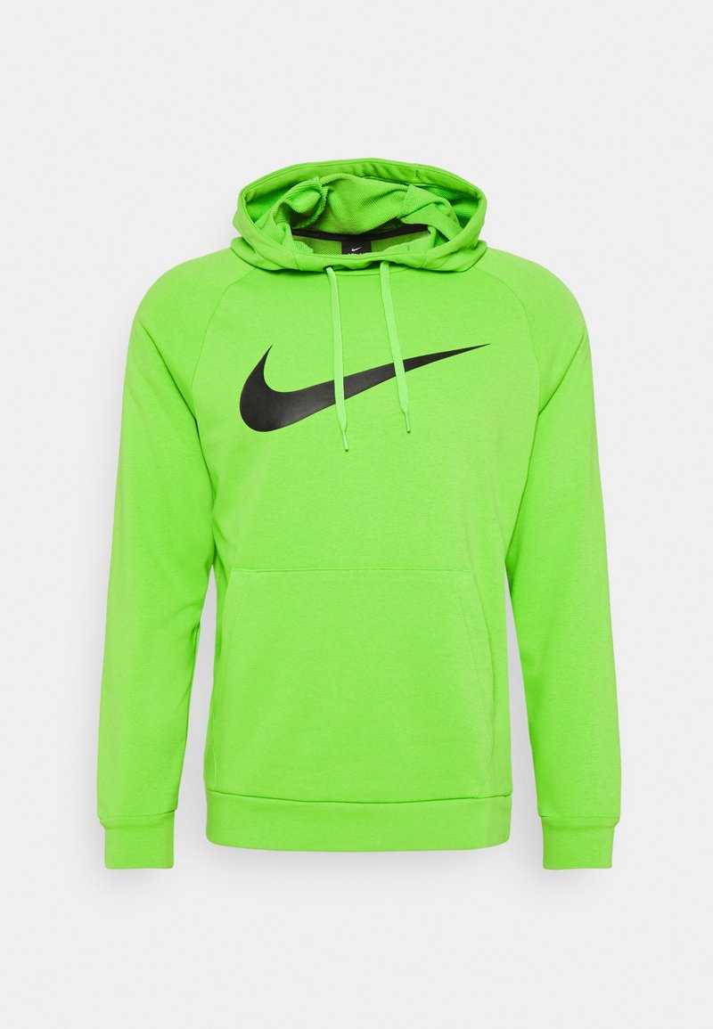 Sweat à capuche vert vif avec poche avant et grand logo Nike Swoosh noir sur la poitrine.