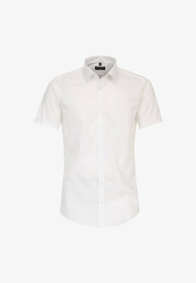 Weißes Kurzarmhemd aus glattem Stoff. Verfügt über eine Knopfleiste an der Vorderseite und einen klassischen Kragen. Keine Muster oder auffälligen Elemente sichtbar.