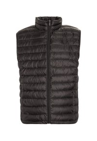 Chaleco acolchado negro con un cuello alto y cremallera frontal, que presenta un patrón de acolchado y un detalle de logo en el pecho.