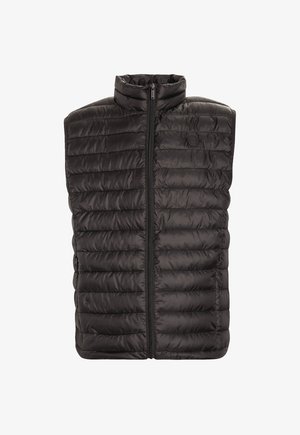 Gilet imbottito nero con colletto alto e zip frontale, caratterizzato da un motivo trapuntato e un dettaglio con logo sul petto.