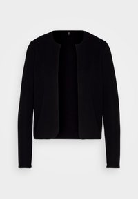 Czarny kardigan, otwarty przód, długie rękawy, fakturowana tkanina, miękki materiał. Minimalistyczny styl bez guzików i zdobień.