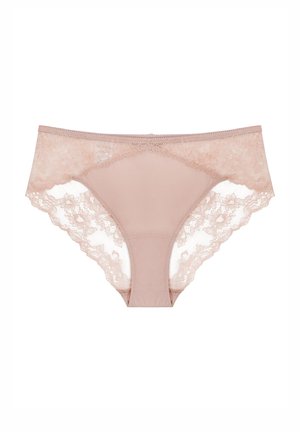 Light pink women's lace bikini briefs with solid front panel and floral lace detailing on hips and sides.