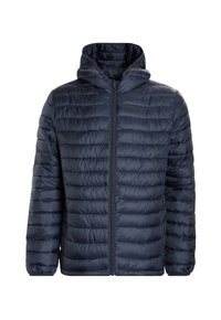Marineblau gesteppte Jacke mit Kapuze, glatte Textur, durchgehender Reißverschluss und elastische Bündchen; gleichmäßig verteilte horizontale Nähte.