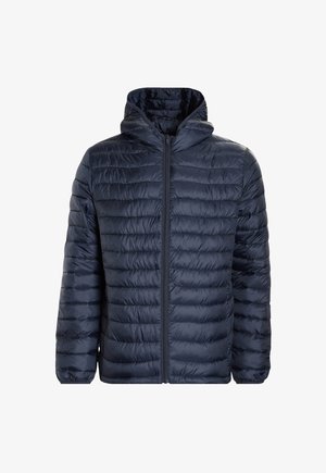 Marineblauwe gewatteerde jas met capuchon, gladde textuur, volledige rits aan de voorkant en elastische manchetten; gelijkmatig geplaatste horizontale naden.