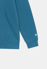 Felpa blu con tasca frontale, polsini a coste e un piccolo logo sulla manica; realizzata in un tessuto morbido con una texture liscia.